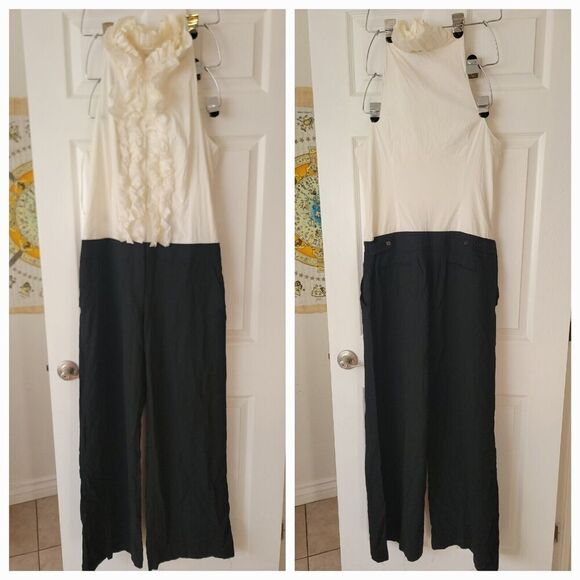 BCBG Maxazria Wide Leg Trouser Jumpsuit SZ 12 Ruffled Sleeveless White/Black - Picture 1 of 11